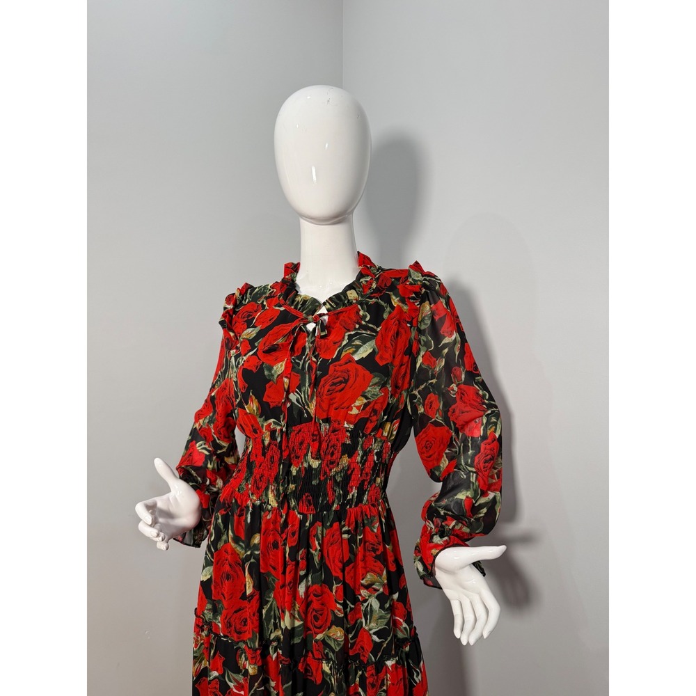 Tuleen Red Rose Floral Maxi Dress Smocked Waist Long Sleeve Boho XL - Picture 5 of 10
